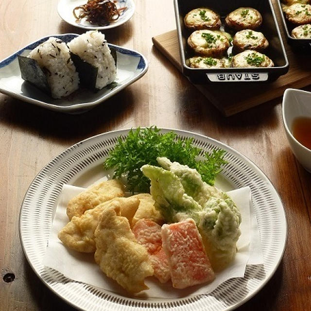 鶏天、糸島野菜の天ぷらと、椎茸の味噌チーズ焼き
