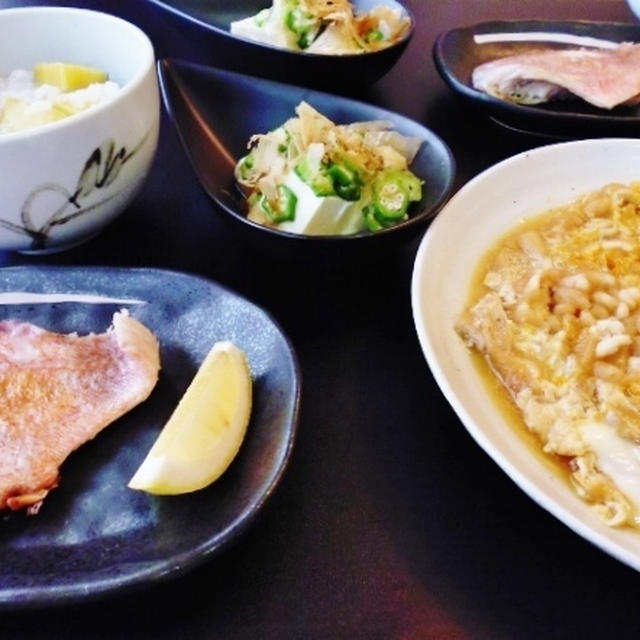 さつま芋粥とメヌケの塩焼きなど