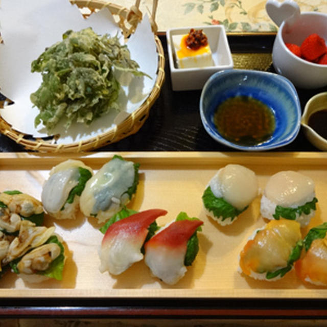 貝の握りとうどの天ぷら