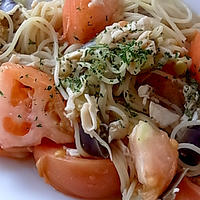 早ゆでパスタとササミ缶で野菜たっぷりヘルシーゆず胡椒スパ