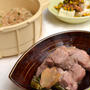 角切りヒレチャーシューと煮汁で炊き込みごはん、課題試作の晩ご飯。