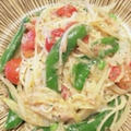 [一皿でお腹いっぱい]ツナとスナップえんどうとトマトのクリームパスタ