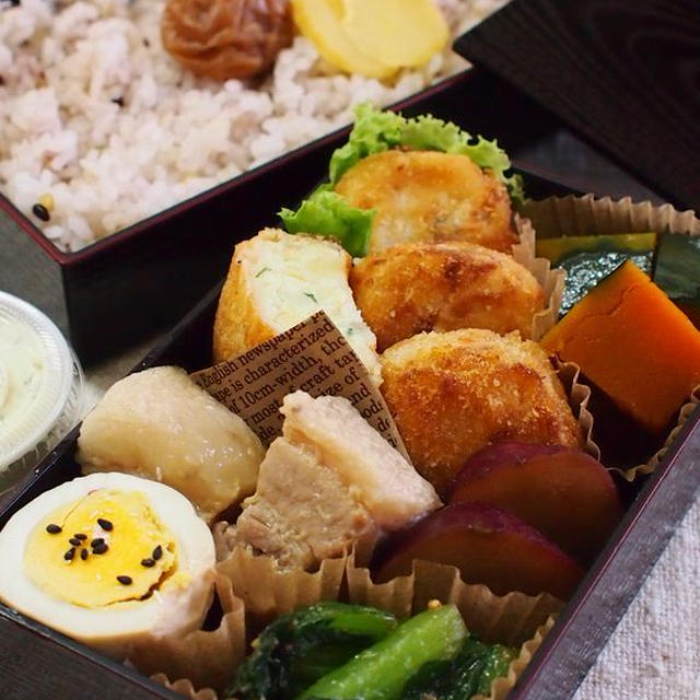 もちきびとじゃが芋のクリームコロッケと、塩麹豚の角煮弁当