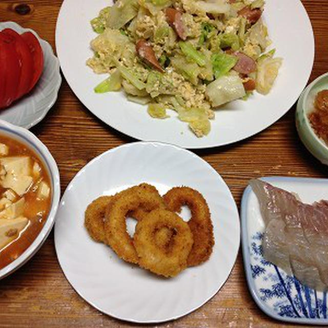 麻婆豆腐とキャベツ炒め。きつねうどん