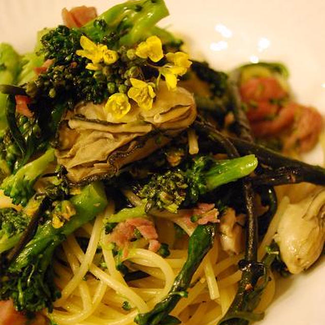 牡蠣とハム、とブロッコリーのスパゲッティーニ。