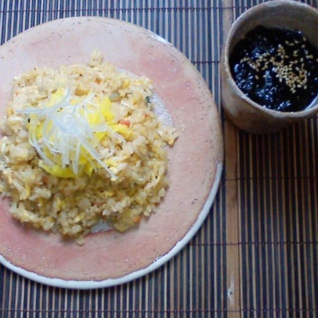 朝ごはん！山菜ごはんでチャーハンの白髪ネギ添え＆簡単海苔スープ