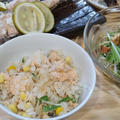 【レシピブログより】秋鮭とシャキシャキ水菜のバター醤油コーン炊き込みご飯
