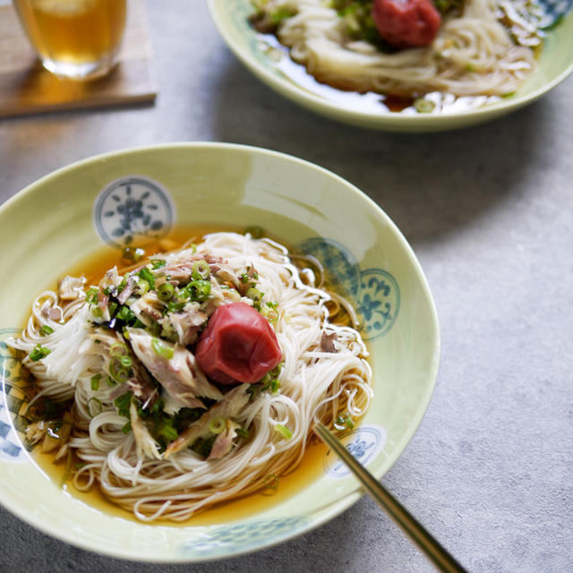 麺レシピ・素麺・混ぜ麺・簡単【焼き鯖ネギまぶし素麺﻿】