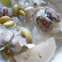 秘伝豆とあさりと旬のお野菜で！爽やかスープ★朝ご飯