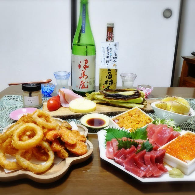 【家飲み/日本酒】 津島屋 NEW ORIGIN/ 高柿木 純米生ムロカ中取り * 焼きヤングコーンと オニオンリング * Violife 植物生まれのチーズ