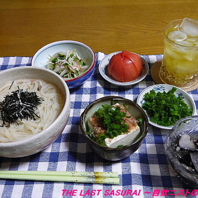 【夕食】稲庭うどん・玉ねぎとかいわれ菜の酢の物・冷奴…