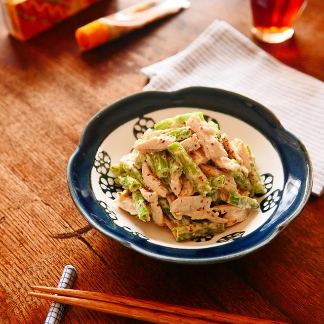 簡単にパパっと作れるので時間のない朝の朝食の１品としてぴったり★朝の忙しいお弁当作りの時もおかずの１品として大活躍♪「レンチン鶏胸肉といんげんの粒マスタードマヨ和え」【レシピ1837】【スパイス大使】