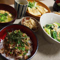 納豆料理と小松菜の炒め煮と切干大根のポン酢和え