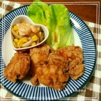 ☆　夜ご飯　～から揚げと、海老とコーン、しめじのバター炒め～　☆