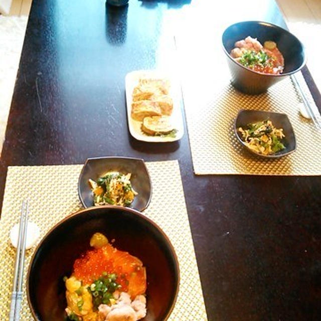 プチ贅沢☆海鮮丼＆菜の花と蒸し鶏のサラダ～オレンジ風味。