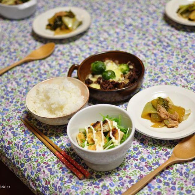 マッシュポテトの甘辛牛肉のっけチーズ焼き（長っ）の晩ごはん