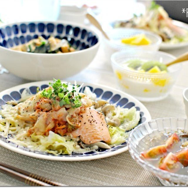 ☆レンジにお任せ♪鮭と野菜のキムチーズ蒸し　7日の朝ごはん☆