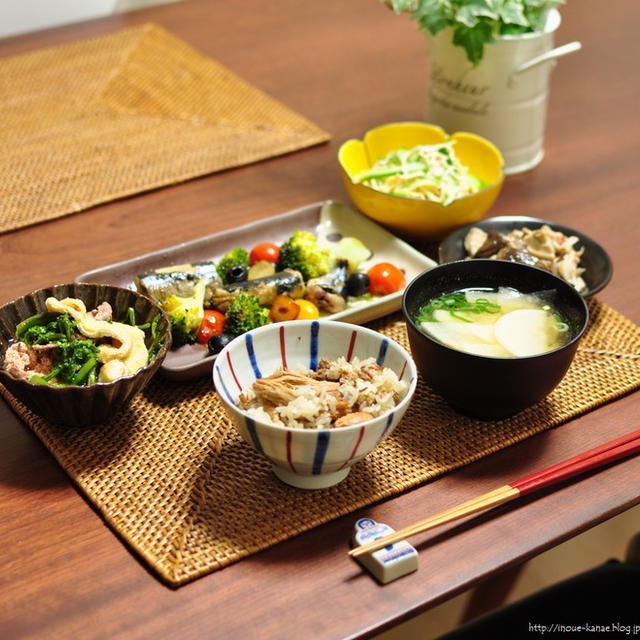 《5分で副菜：春菊の明太煮びたし》と干豆腐で糖質オフ晩ごはん献立