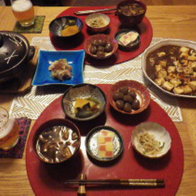 1/8の晩ごはん　鯖缶ごはんと芋がらのお味噌汁、市販の麻婆豆腐の素も使って簡単に(^_-)-☆