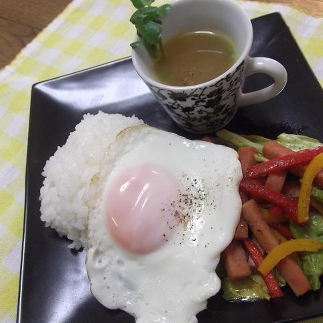 春キャベツとスパムのソース炒め＆新玉ねぎのスープ