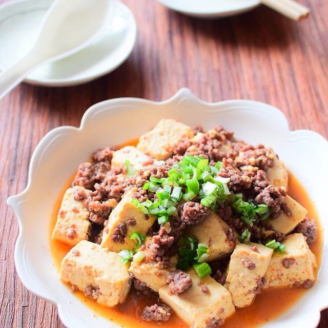 木綿豆腐と豚ひき肉のめんつゆ一味唐辛子炒めのレシピ