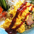 ■昼ご飯【ふわトロ卵乗っけ　コーン・葱 ・ベーコンのバター正油ライス。】