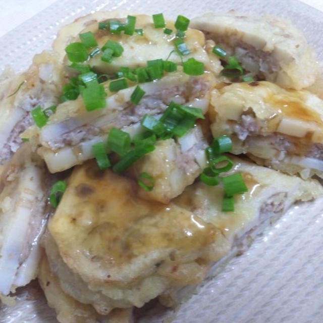 蓮根の肉挟み揚げ甘酢あんかけ