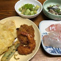 筍の天ぷらと木の芽和え。肉ぶっかけうどん