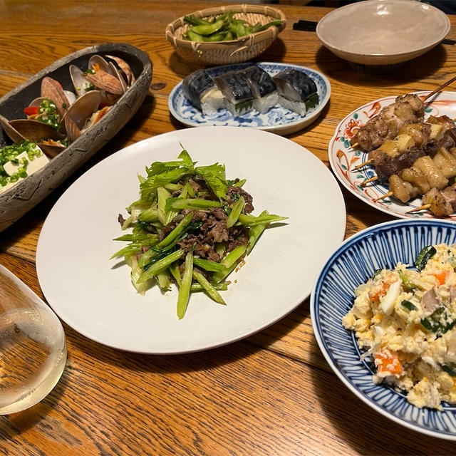 【おうち居酒屋　人生初のすだれ貝が絶品だった 　セロリと牛肉炒め　おからでポテサラ風】