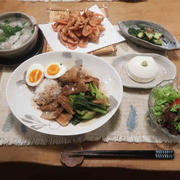 ルーローハン（魯肉飯）風・河津海老の唐揚の晩ご飯と　カシワバアジサイの花♪