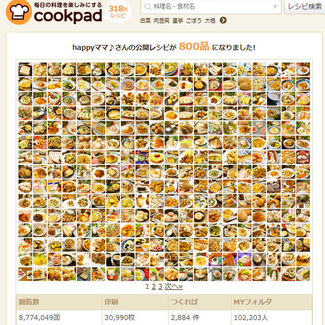 クックパッドの公開レシピが８００品になりました