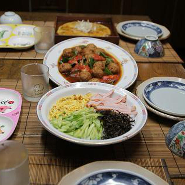 レシピ付き中華風献立　肉団子のトマト煮・かに玉・春雨の中華風サラダ。杏仁豆腐