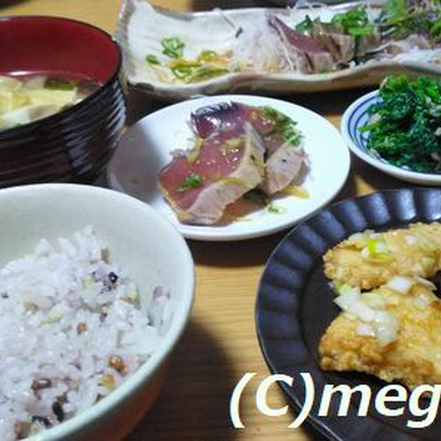 鶏胸肉の竜田揚げ＆カツオのタタキ＆なばなのツナ和え