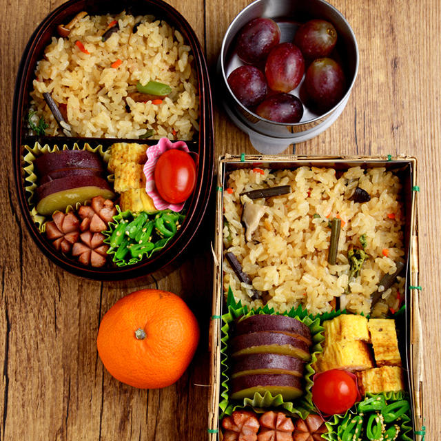 【今日のおべんと】山菜ごはん弁当（夫のは竹皮弁当箱で）