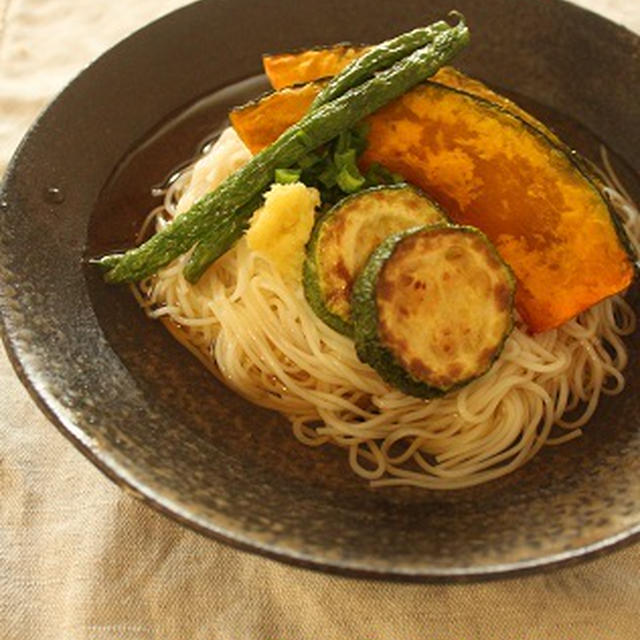 揚げ夏野菜のぶっかけそうめん＆ノンオイル梅酢ドレッシングで！たこと長芋のサラダ