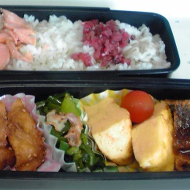 今日のお弁当。チキン南蛮り照り焼きとか、鯵のフライとか、ピーマン炒めとか。