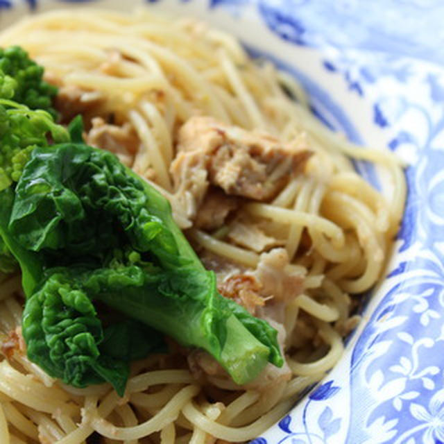 さけの水煮缶と塩昆布で春色菜の花パスタ♪