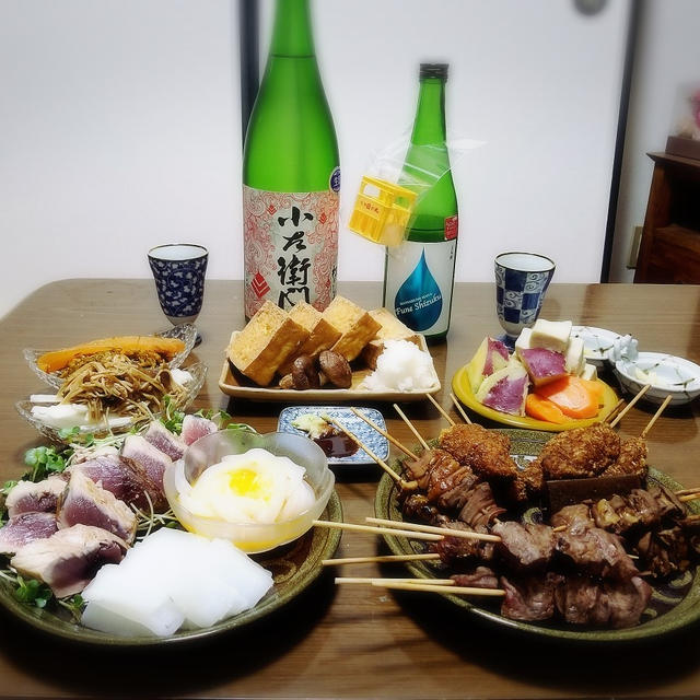 【家飲み/日本酒】まんさくの花 純米吟醸生 槽しずく / 小左衛門 初のしぼり 純米吟醸生 * 釣りアオリイカ