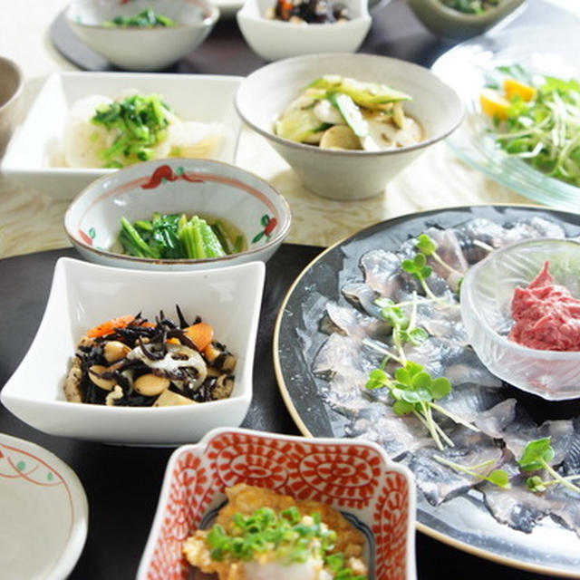 初ほうれん草と蕪料理３種　カワハギと平貝