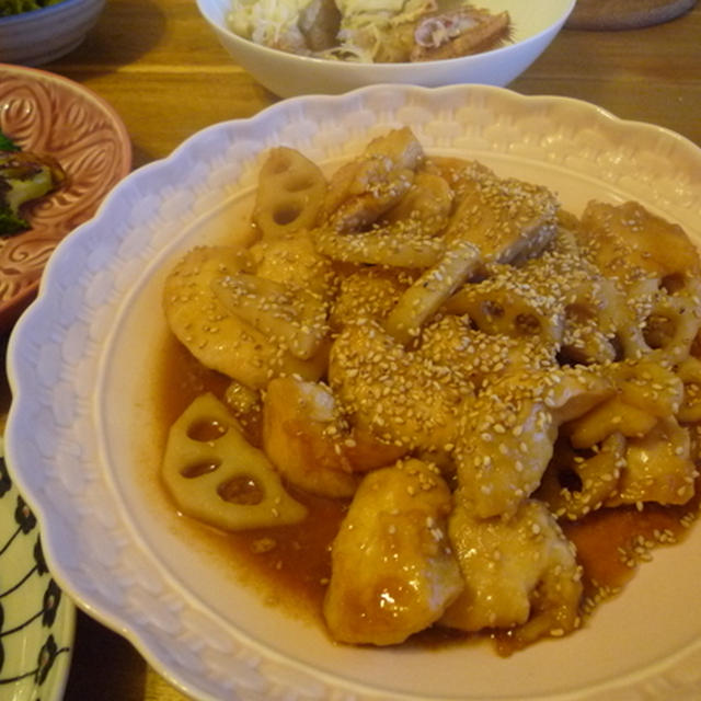 鶏とレンコンの南蛮炒め