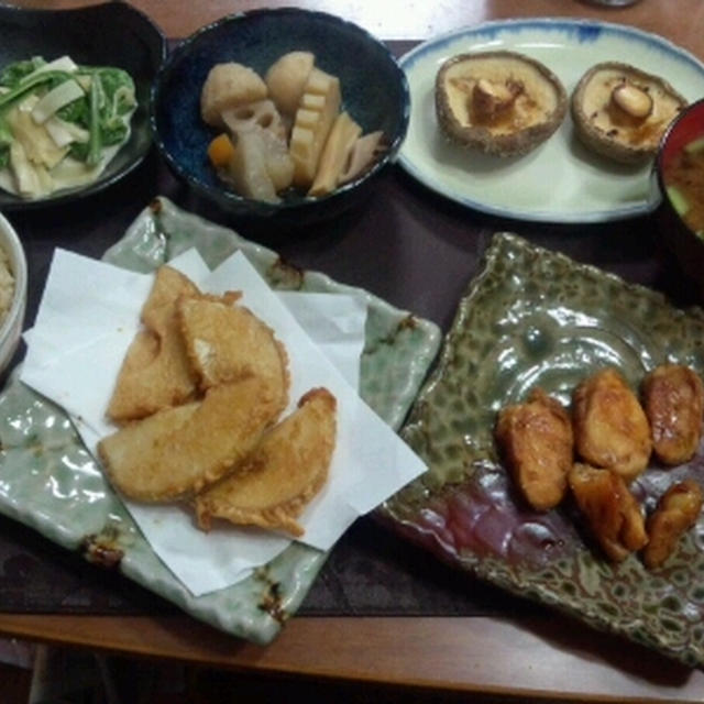 【献立】タケノコの唐揚げ、タケノコの煮物、タケノコとこごみのマヨポン和え、焼き椎茸、タケノコご飯