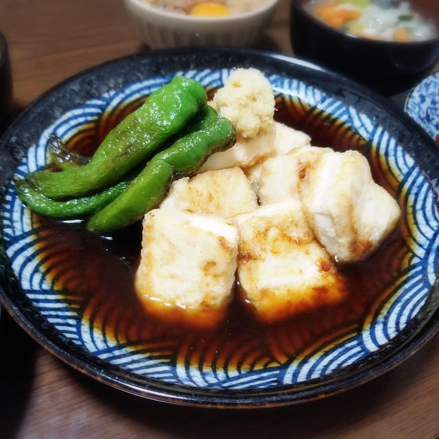 【家ごはん】 フライパンで揚げ焼き♪　[レシピ] 大根とさつま揚げの甘辛煮 / 焼き出汁豆腐