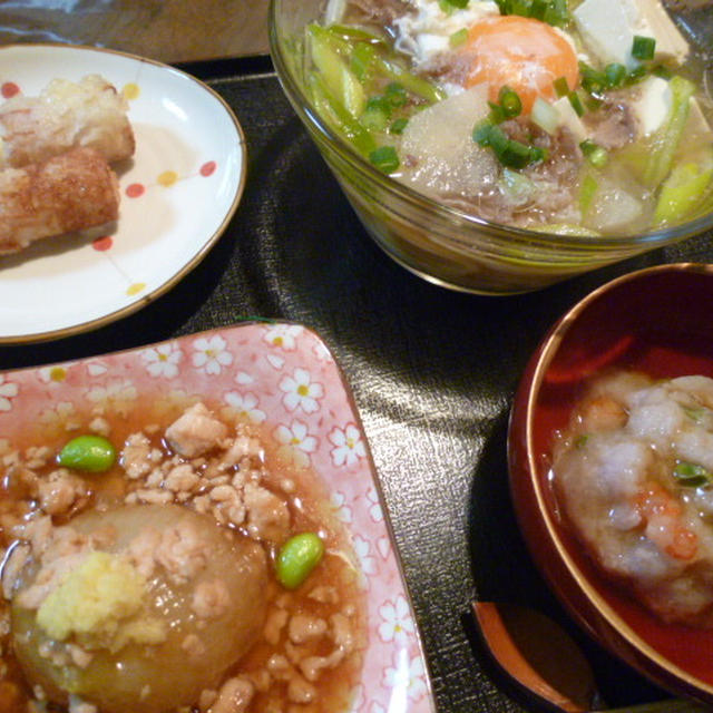 丸ごと玉ねぎの鶏ひきあんとレンコン団子の献立　夕ご飯