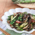 【#腸活】野菜不足解消に！アスパラガスとひらたけの塩昆布バター炒め