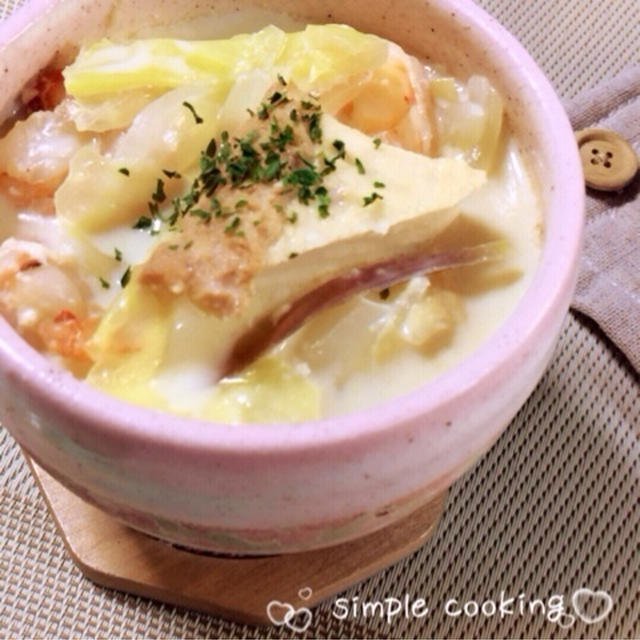 ミョウガ香る＊厚揚げと海老の豆乳スープ