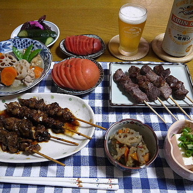 【晩酌】飛騨牛串焼き・うなぎの肝串焼き・野菜の炊いたん…