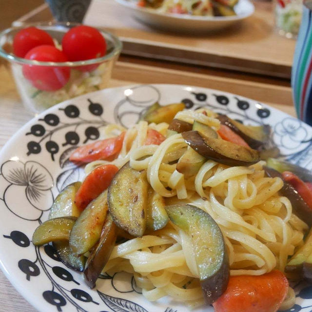 ナスとソーセージのパスタ、昨日の昼ごはん#本日のおうちごはん