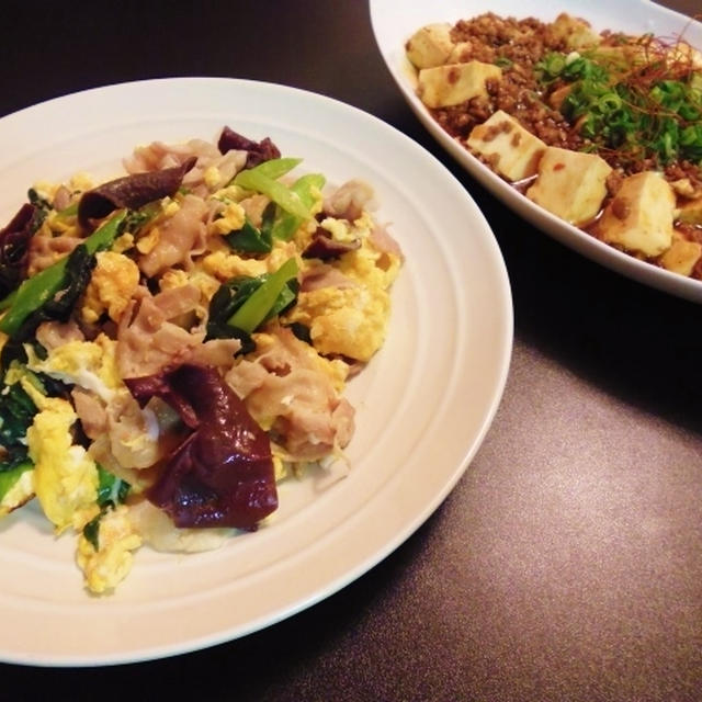 麻婆豆腐と豚肉と玉子の中華炒め