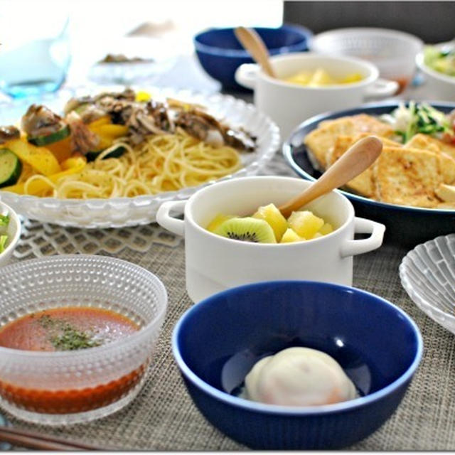 ☆夏野菜と温玉の冷製ミートつけスパゲティ　6日の朝ごはん / 休日デート☆