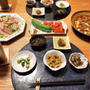 麻婆豆腐茄子もやしとペッパーチキンサラダ、プランターのきゅうりとプチトマトなダンナごはんで晩酌